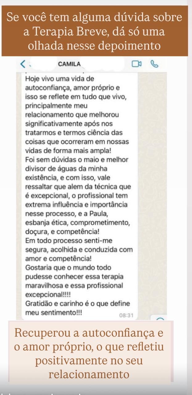 Print de WhatsApp da paciente Camila contando que recuperou a autoconfiança e o amor próprio com a Terapia Breve, o que refletiu no relacionamento dela