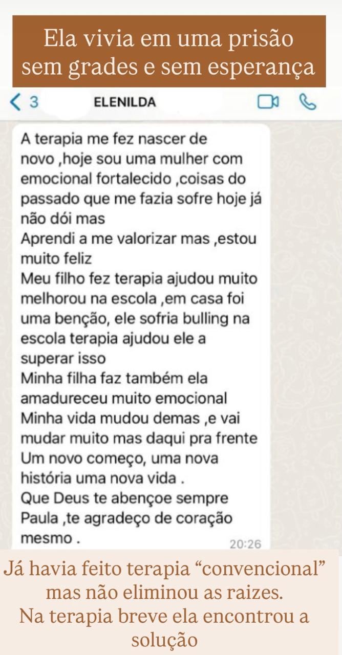 Print de WhatsApp da paciente Elenilda, que já havia feito terapia convencional sem resolver a raiz e encontrou a solução na Terapia Breve com a Paula Coelho